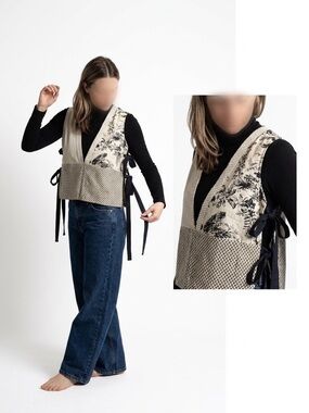 Mignon Doo | Cream and Black Floral Patchwork Tie-Back Tank